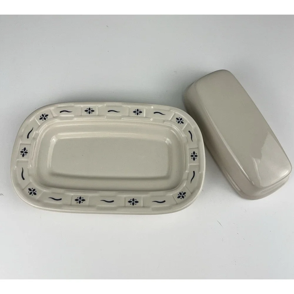 LONGABERGER Pottery Covered Butter Dish Woven Traditions Classic Blue 1997 USA